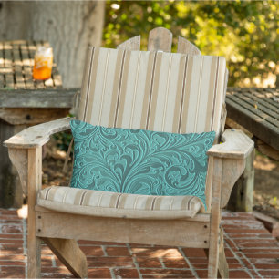 Classy Teal Turquoise Faux Leather Floral Pattern Lumbar Cushion