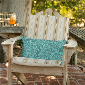 Classy Teal Turquoise Faux Leather Floral Pattern Lumbar Cushion