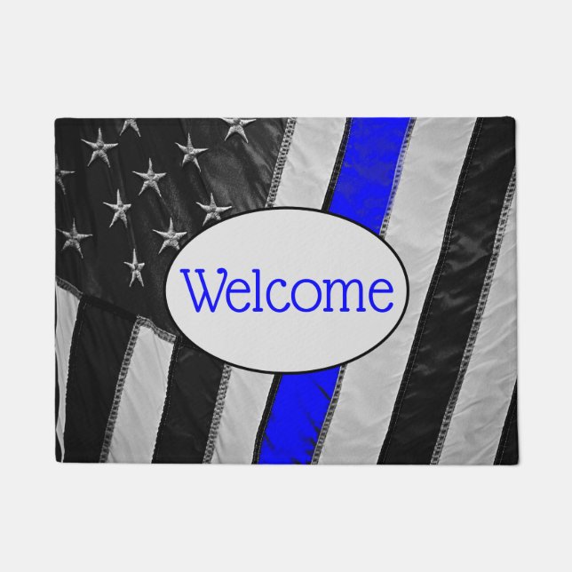 Classy Thin Blue Line American Flag Welcome Doormat (Front)
