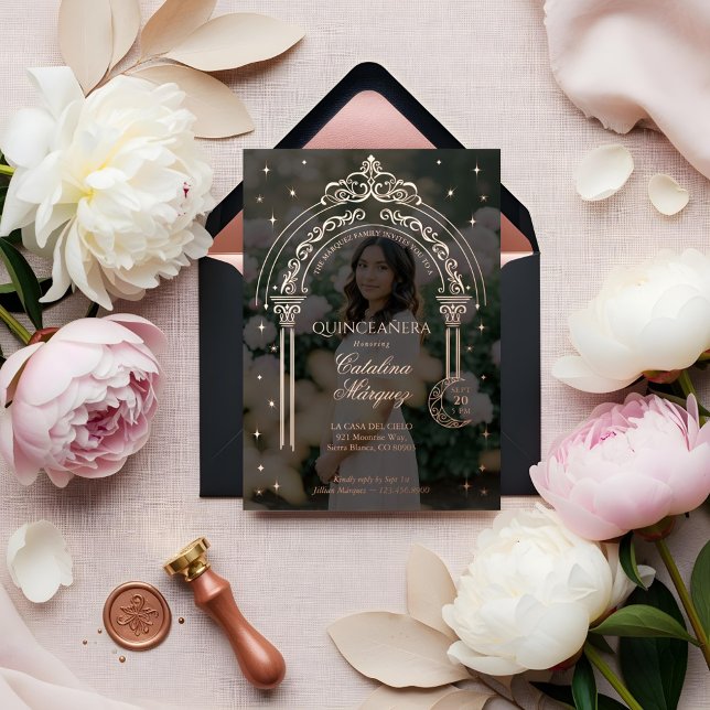 Classy Tiara Celestial Moon Star Photo Quinceañera (Classy Tiara Celestial Moon Star Photo Quinceañera Foil Invitation)