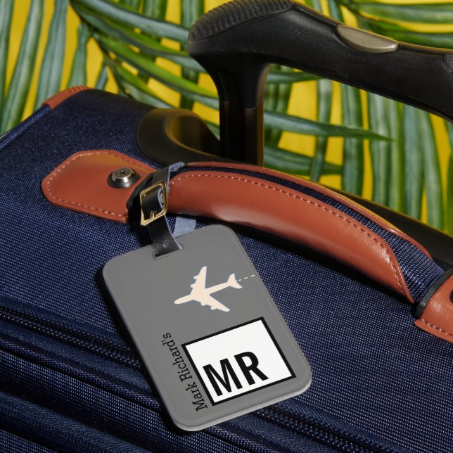 Classy Traveller name & initials stylish grey Luggage Tag (Front Insitu 1)