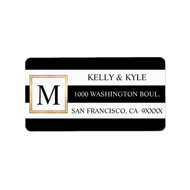 Classy Trendy Black White Stripes Monogram Wedding Label (Front)