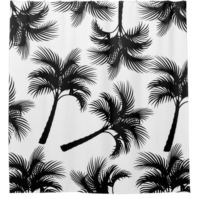 Classy Tropical Black Palm Trees & White Shower Curtain (Front)