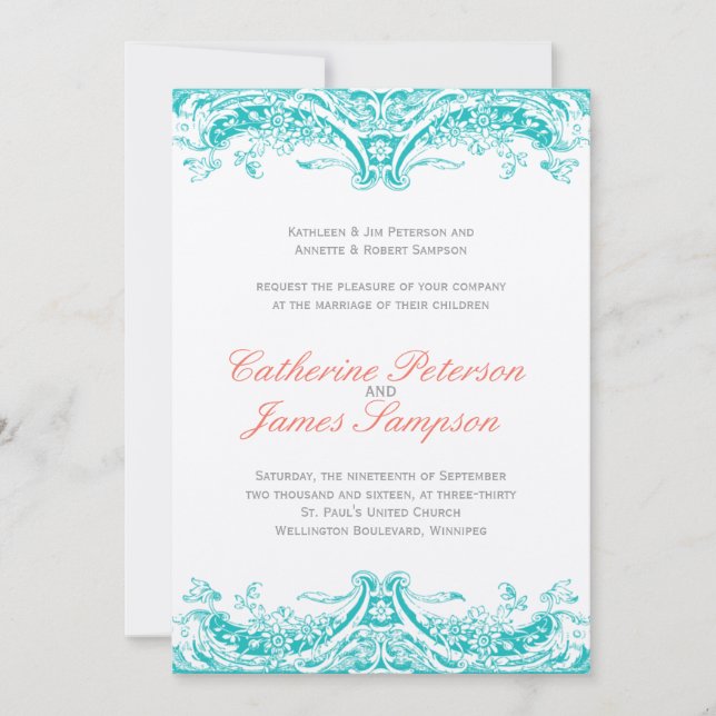 Classy Turquoise and Coral Wedding Invitations (Front)