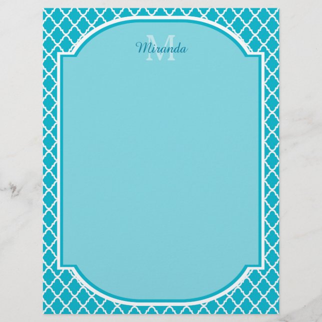 Classy Turquoise Blue Quatrefoil Monogram and Name (Front)