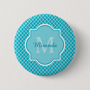 Classy Turquoise Blue Quatrefoil Monogram and Name 6 Cm Round Badge