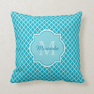 Classy Turquoise Blue Quatrefoil Monogram and Name Cushion