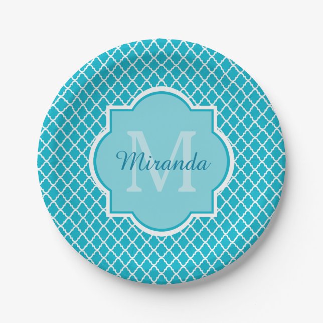 Classy Turquoise Blue Quatrefoil Monogram and Name Paper Plate (Front)