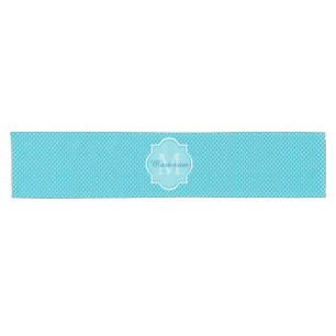 Classy Turquoise Blue Quatrefoil Monogram and Name Short Table Runner