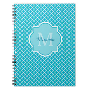 Classy Turquoise Blue Quatrefoil Monogram and Name Spiral Notebook