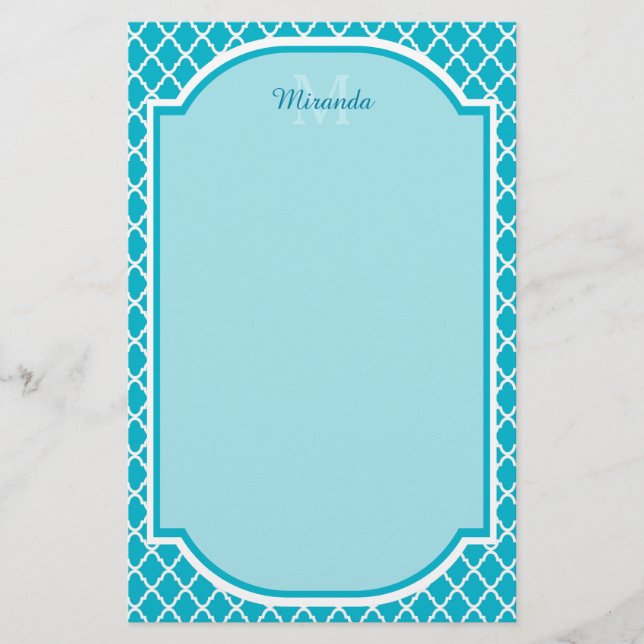 Classy Turquoise Blue Quatrefoil Monogram and Name Stationery (Front)