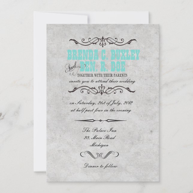 Classy Turquoise Vintage Wedding Invitation (Front)