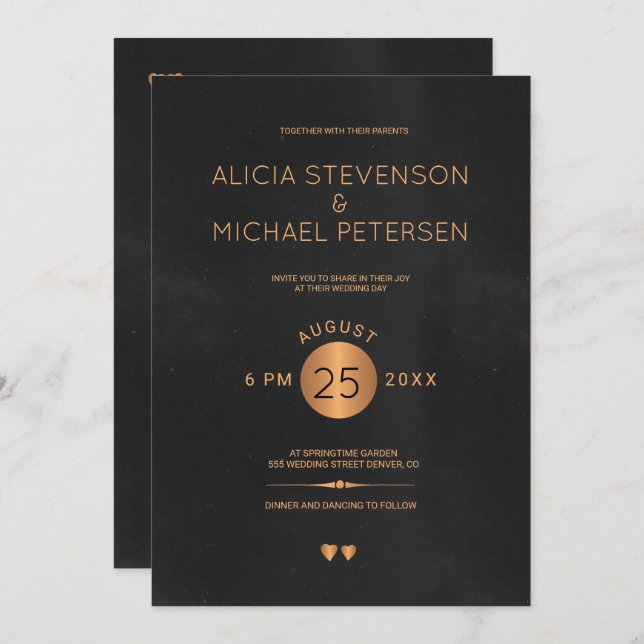 Classy vintage black and metallic copper wedding invitation (Front/Back)