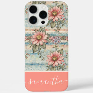 Classy Vintage Floral Pattern Peach Custom Name iPhone 16 Pro Max Case