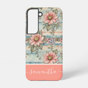 Classy Vintage Floral Pattern Peach Custom Name Samsung Galaxy Case