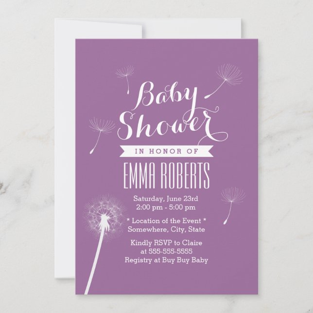 Classy Violet Dandelion Baby Shower Invitations (Front)