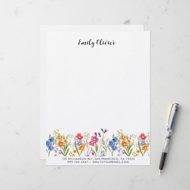 Classy Watercolor Floral Custom Name Address Letterhead (Front/Back In Situ)