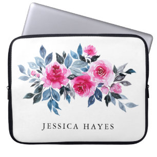 Classy Watercolor Floral Personalised Name Laptop Sleeve