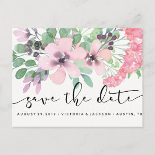 Classy Watercolor Pink flowers save the date Announcement Postcard