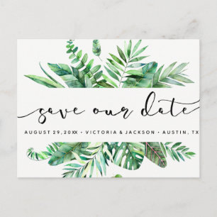 Classy Watercolor tropical leaves save our date v1 Announcement Postcard
