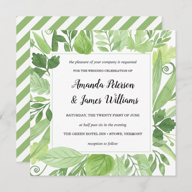 Classy Watercolor wild meadow green Wedding Invitation (Front/Back)