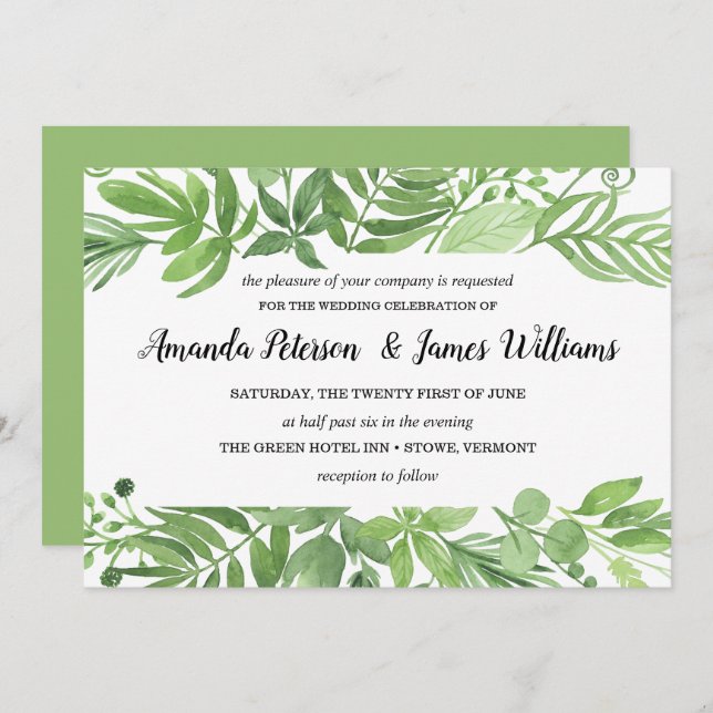 Classy Watercolor wild meadow green Wedding Invitation (Front/Back)
