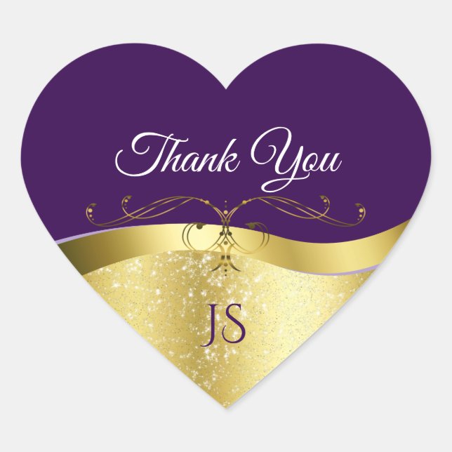 Classy Wavy Gold Decor on Dark Purple Thank You Heart Sticker (Front)
