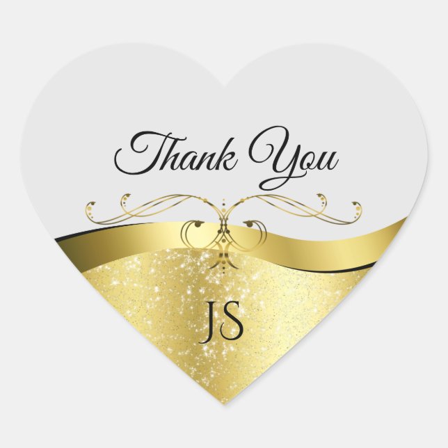 Classy Wavy Gold Decor on Light Grey Thank You Heart Sticker (Front)