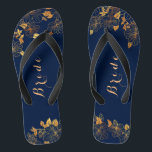Classy Wedding Bride Deep Gold Foliage Navy Blue Jandals<br><div class="desc">These classy wedding bride gold foliage navy blue flip flops have a dark blue background that is adorned with an intricate gold floral greenery pattern and customisable modern typography. The combination of the rich navy and the shimmering gold create an elegant and luxurious aesthetic. View the collection on this page...</div>