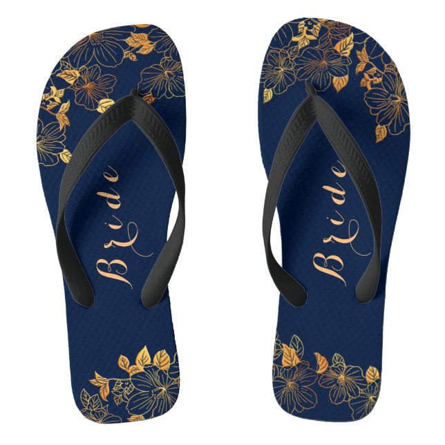 Classy Wedding Bride Deep Gold Foliage Navy Blue Jandals (Footbed)
