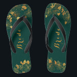 Classy Wedding Bride Emerald Green & Gold Foliage Jandals<br><div class="desc">These classy wedding Bride emerald green and gold foliage flip flops feature golden foliage pattern and modern typography on timeless dark green background. View the collection on this page to find matching items. ♥Customise it with your information. ♥ If you want to change the font style, colour or text placement,...</div>
