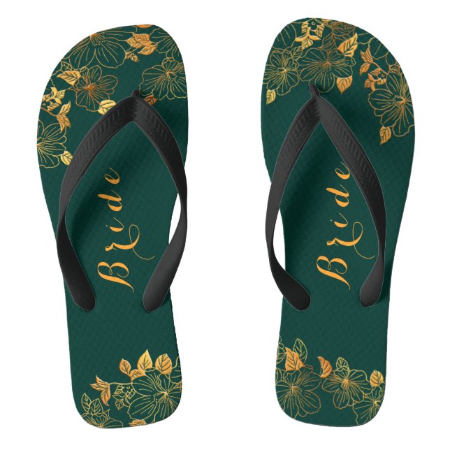Classy Wedding Bride Emerald Green & Gold Foliage Jandals (Footbed)
