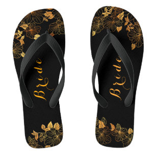 Classy Wedding Bride Luxury Black & Gold Foliage Jandals