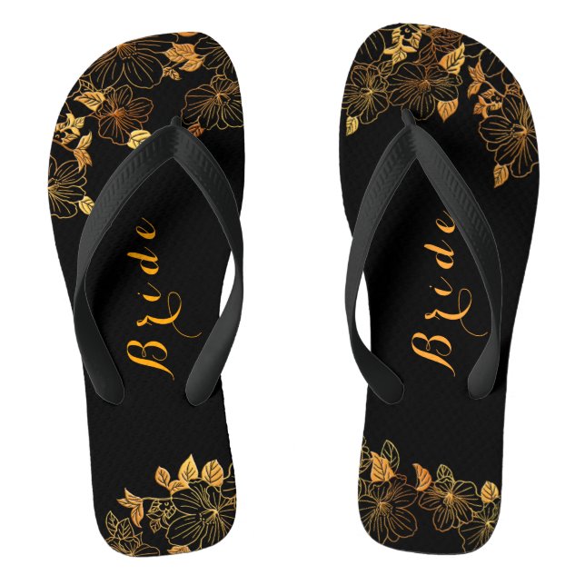 Classy Wedding Bride Luxury Black & Gold Foliage Jandals (Footbed)