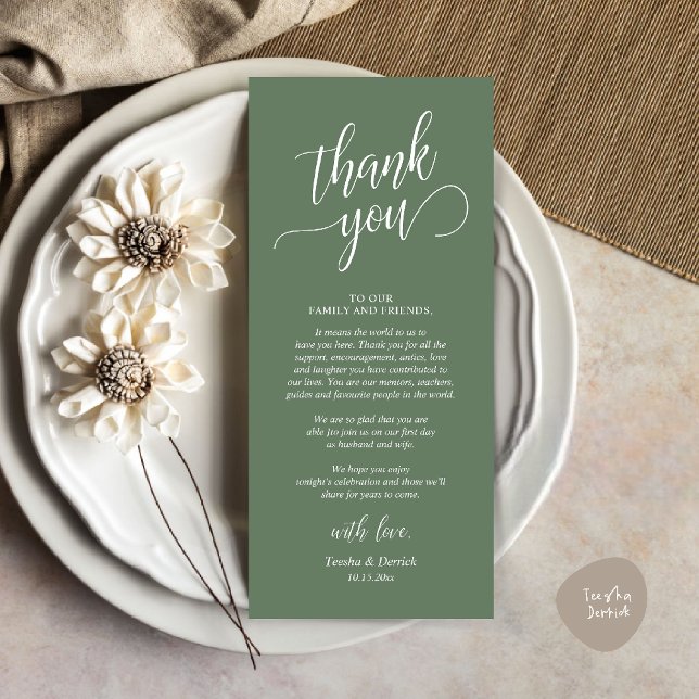 Classy Wedding Dinner Place Setting Thank You Card (Modern Classy Wedding Dinner Thank You Card Reception brunch lunch in Sage Green)