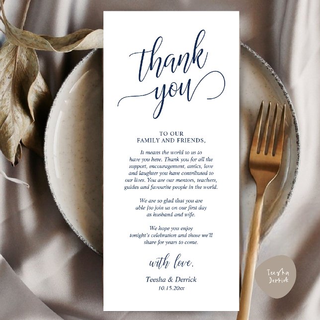 Classy Wedding Dinner Place Setting Thank You Card (Modern Classy Wedding Dinner Thank You Card Reception brunch lunch in Navy Blue)