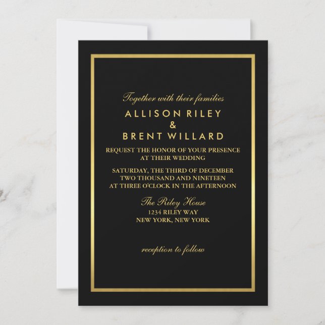 Classy Wedding Invitation Gold Foil-look - Black (Front)