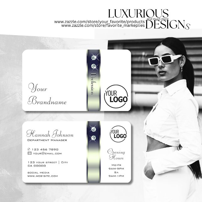 Classy White Blue Silver Decor Jewels and Logo Business Card (Creator Uploaded)