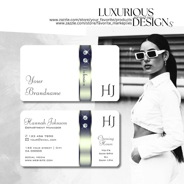 Classy White Blue Silver Decor Jewels and Monogram Business Card (Creator Uploaded)