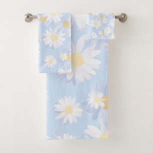Classy White Daisy Flowers Botanical Blue design Bath Towel Set