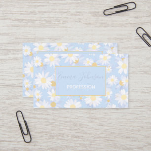 Classy White Daisy Flowers Botanical Blue design Business Card