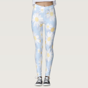 Classy White Daisy Flowers Botanical Blue design Leggings
