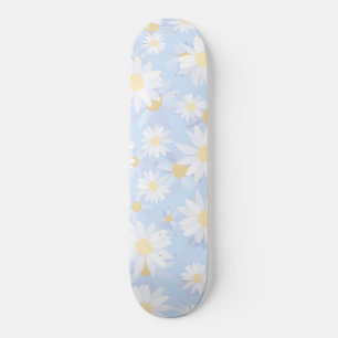 Classy White Daisy Flowers Botanical Blue design Skateboard