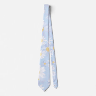 Classy White Daisy Flowers Botanical Blue design Tie