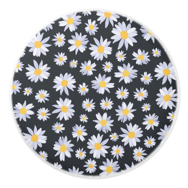 Classy White Daisy Flowers Botanical Ceramic Knob (Front)