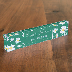 Classy White Daisy Flowers Botanical Green design Nameplate