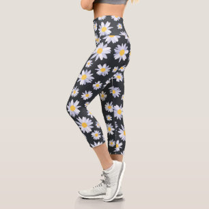 Classy White Daisy Flowers Botanical Grey design Capri Leggings
