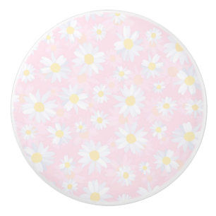 Classy White Daisy Flowers Botanical Pink design Ceramic Knob