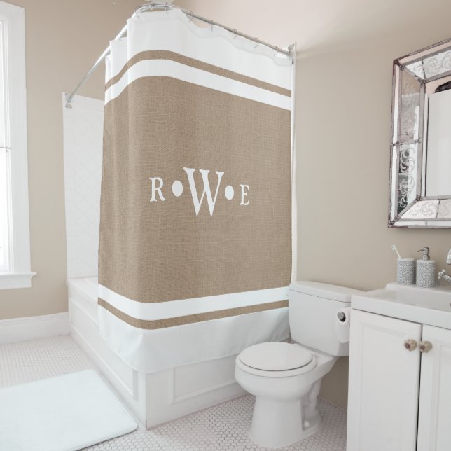 Classy White Faux Burlap Clean White Borders Shower Curtain (In Situ)