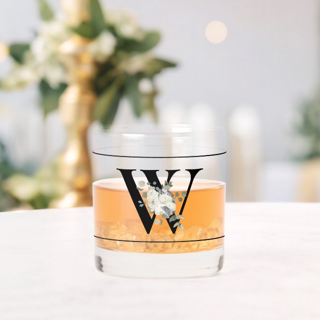 Classy White Floral Decorative Initial W Whiskey Glass (Insitu (Wedding))